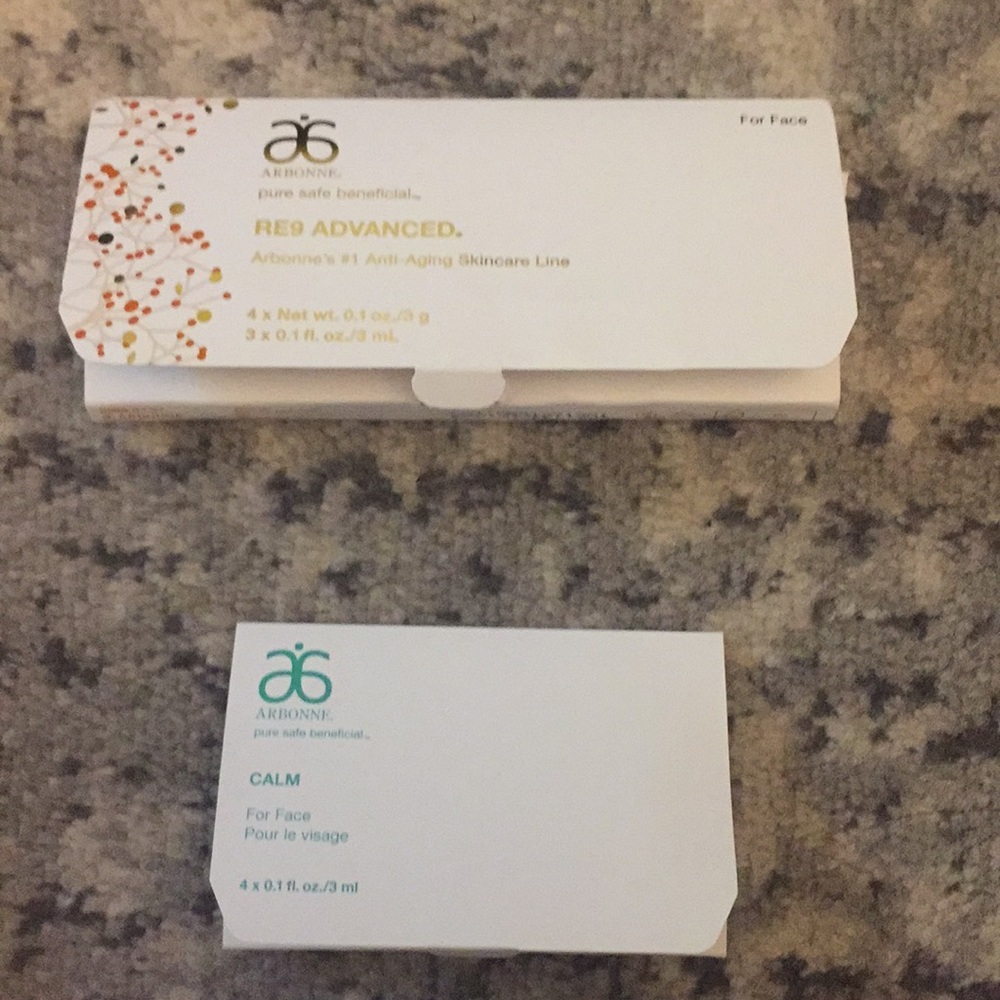 Arbonne Calm and RE9 Advanced samples skin care